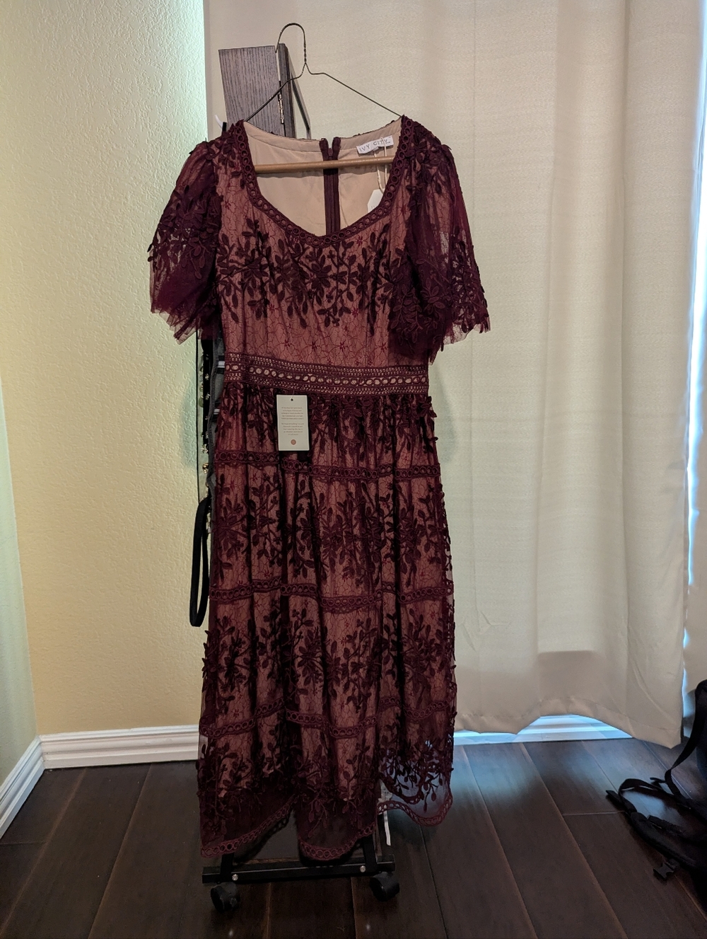 Lace Overlay Midi Dress in Burgundy